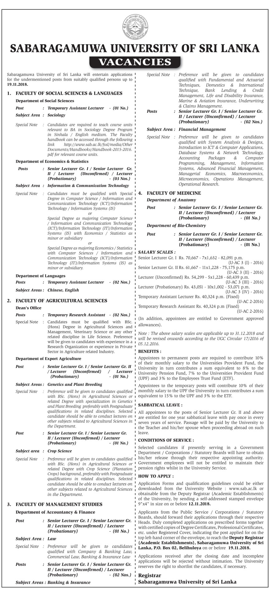 Assistant Lecturer, Senior Lecturer, Lecturer, Temporary Research Assistant - Sabaragamuwa University of Sri Lanka